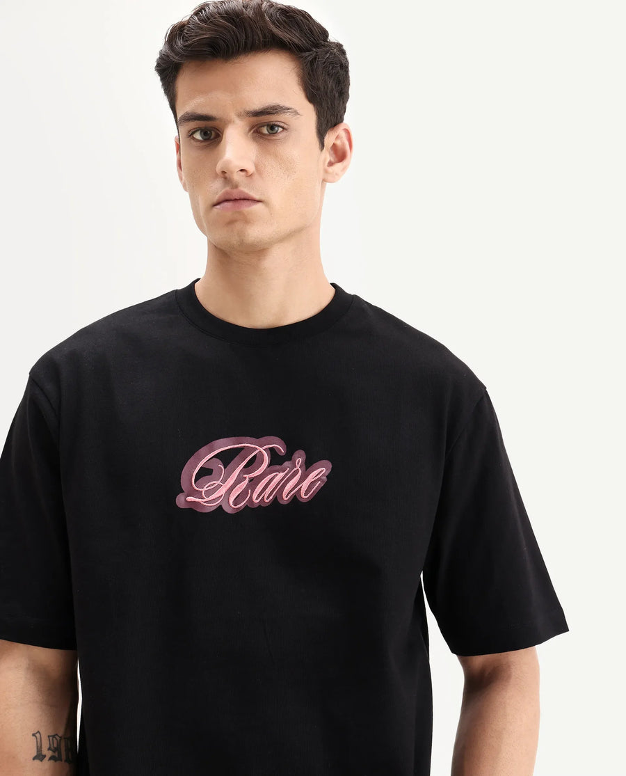 Rare Rabbit Men's Kenzo Black Cotton Embroidered Oversized Fit Half Sleeve Crew Neck T-Shirt
