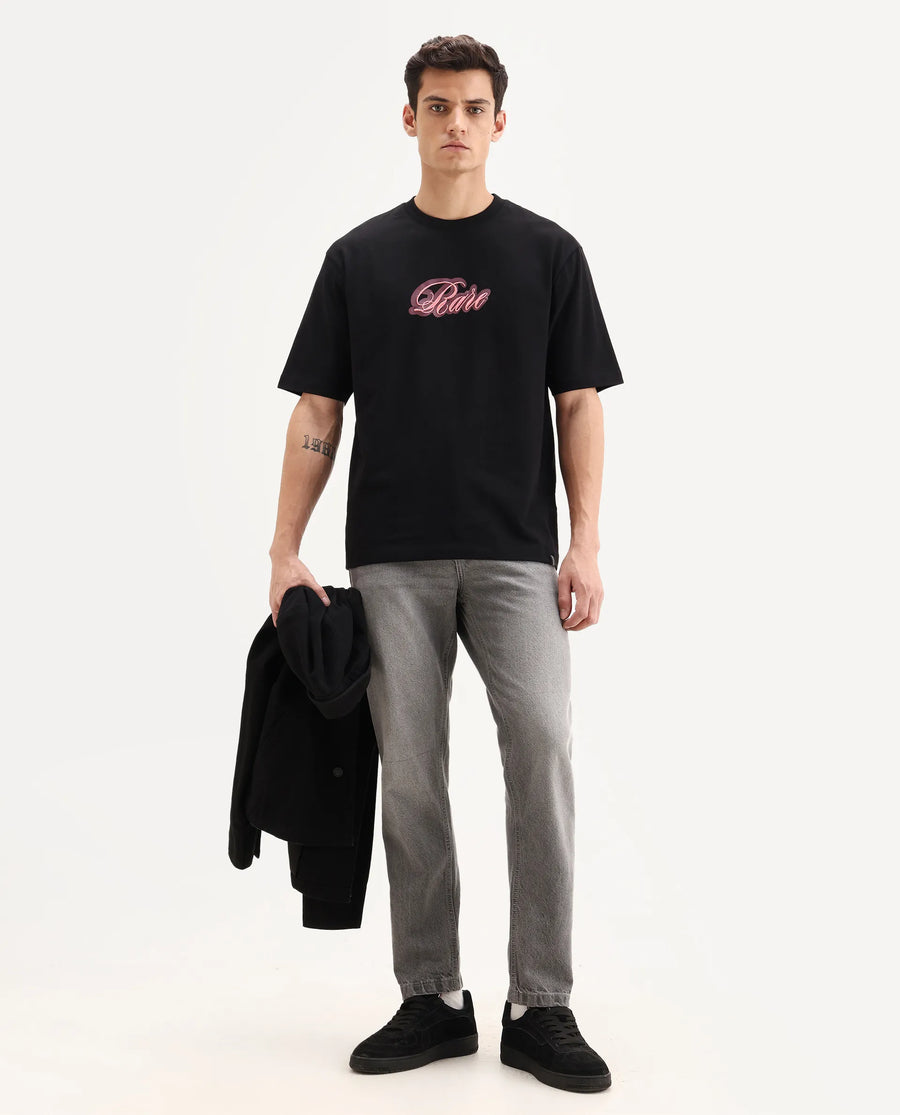 Rare Rabbit Men's Kenzo Black Cotton Embroidered Oversized Fit Half Sleeve Crew Neck T-Shirt