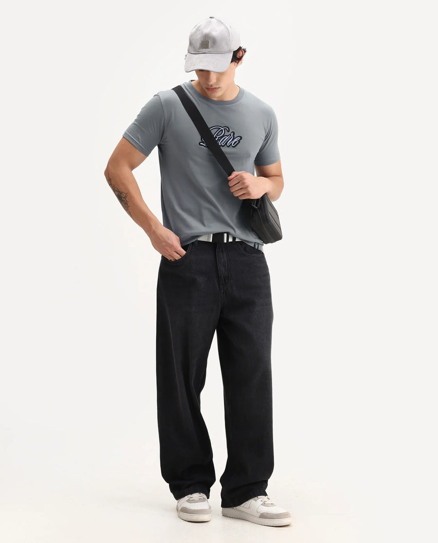 Rare Rabbit Men's Kenzo Olive Cotton Embroidered Oversized Fit Half Sleeve Crew Neck T-Shirt