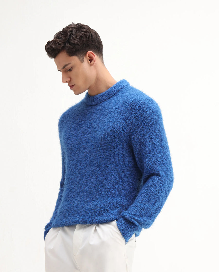 Rare Rabbit Men's Kept Blue Polyester Plain Regular Fit Full Sleeve Crew Neck Sweater