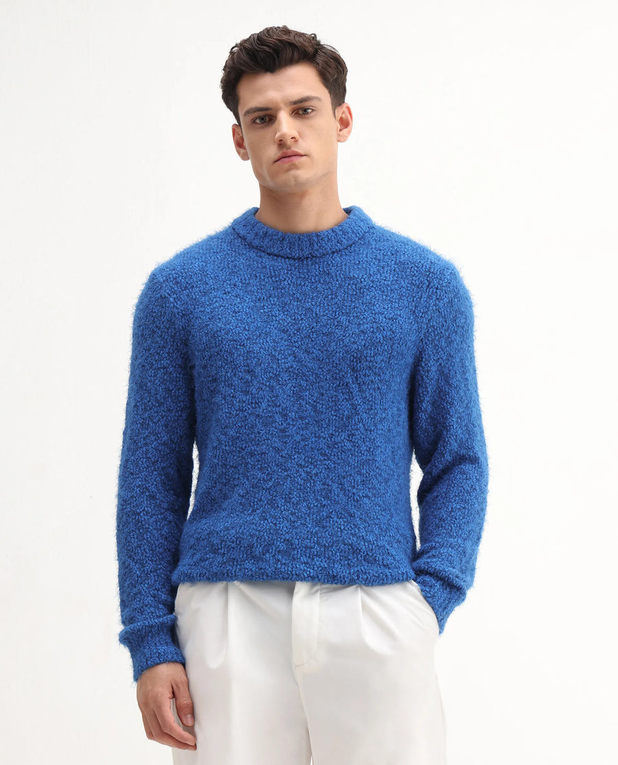 Rare Rabbit Men's Kept Blue Polyester Plain Regular Fit Full Sleeve Crew Neck Sweater