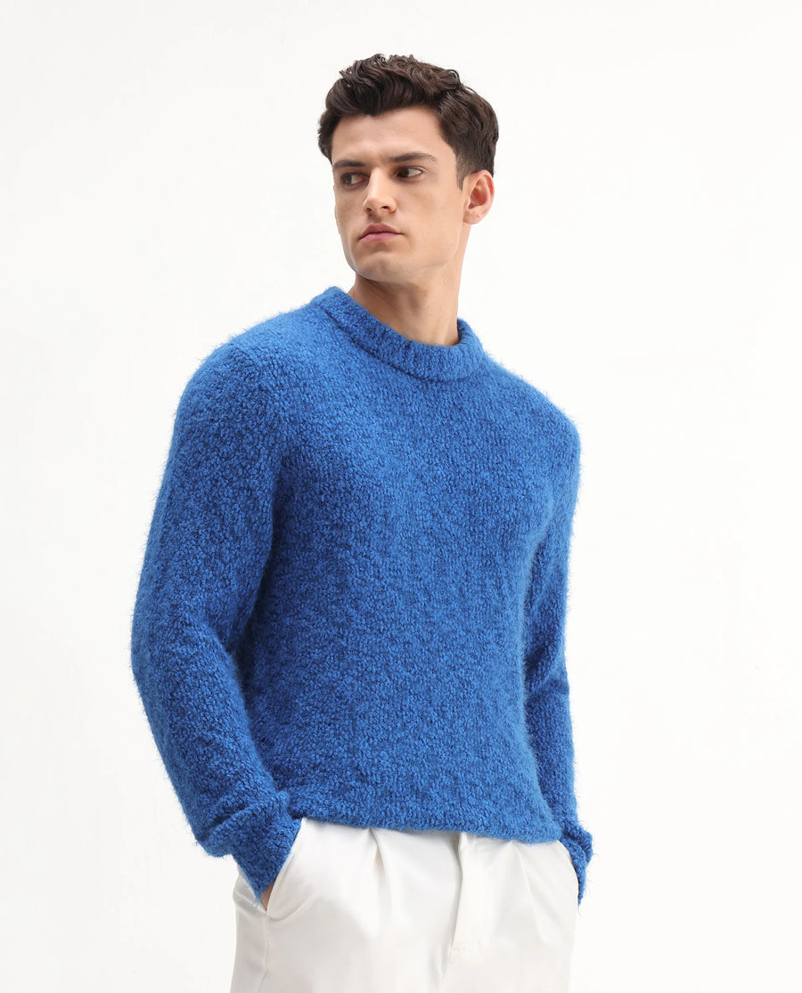 Rare Rabbit Men's Kept Blue Polyester Plain Regular Fit Full Sleeve Crew Neck Sweater