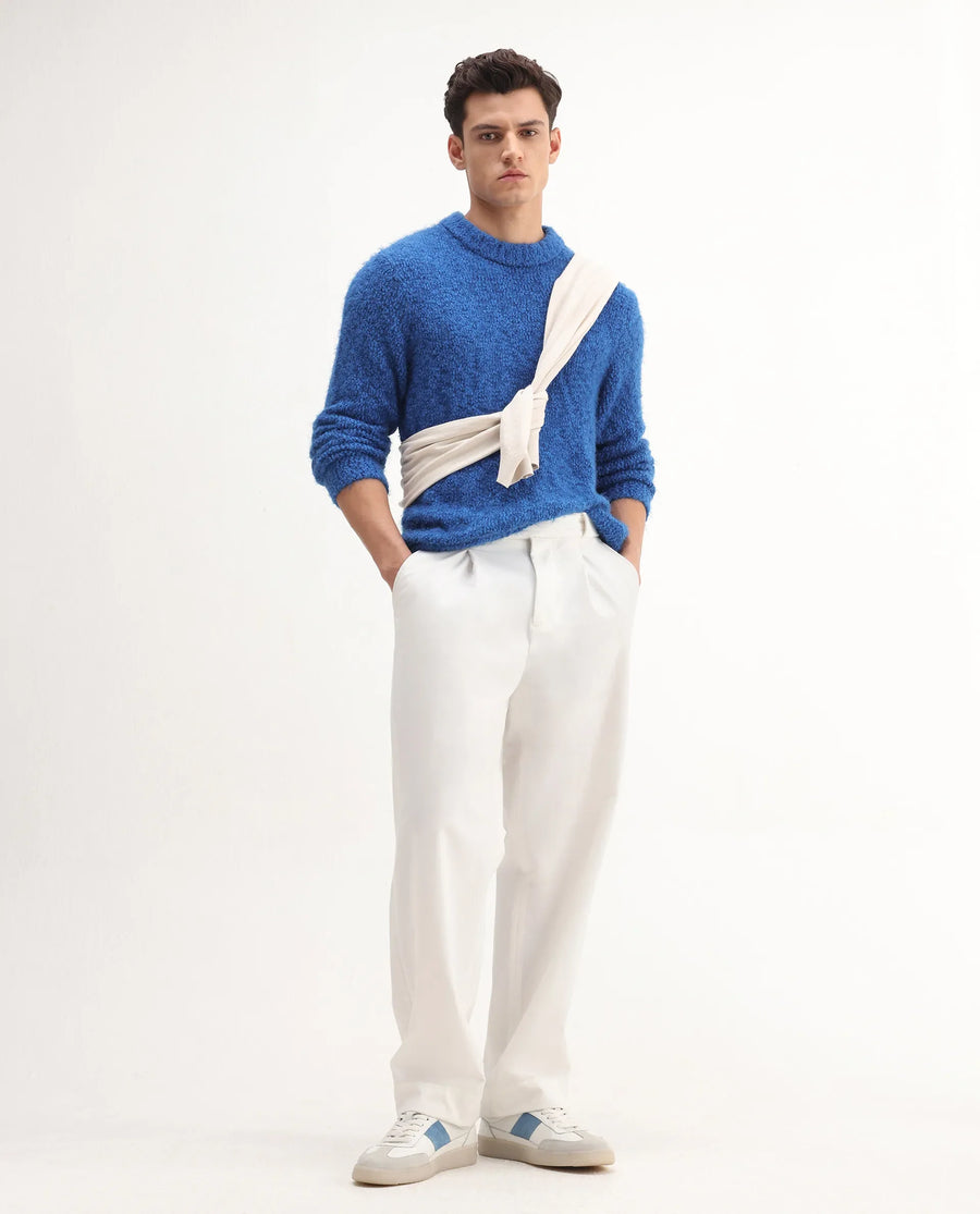 Rare Rabbit Men's Kept Blue Polyester Plain Regular Fit Full Sleeve Crew Neck Sweater