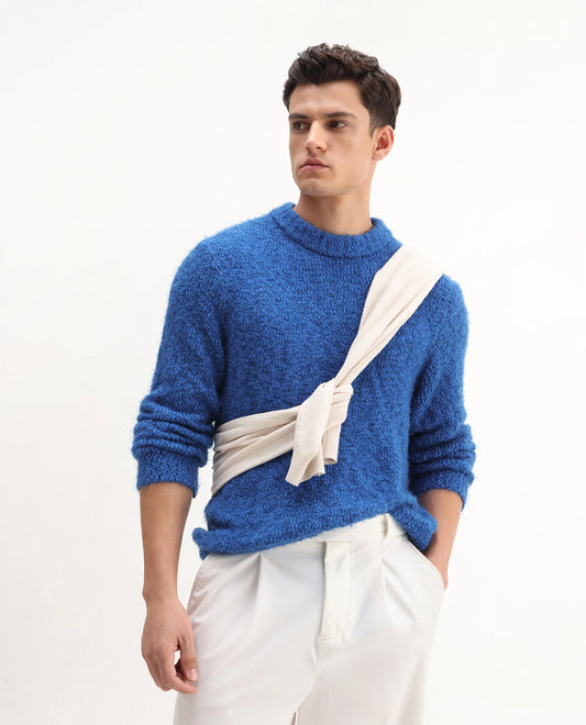 Rare Rabbit Men's Kept Blue Polyester Plain Regular Fit Full Sleeve Crew Neck Sweater