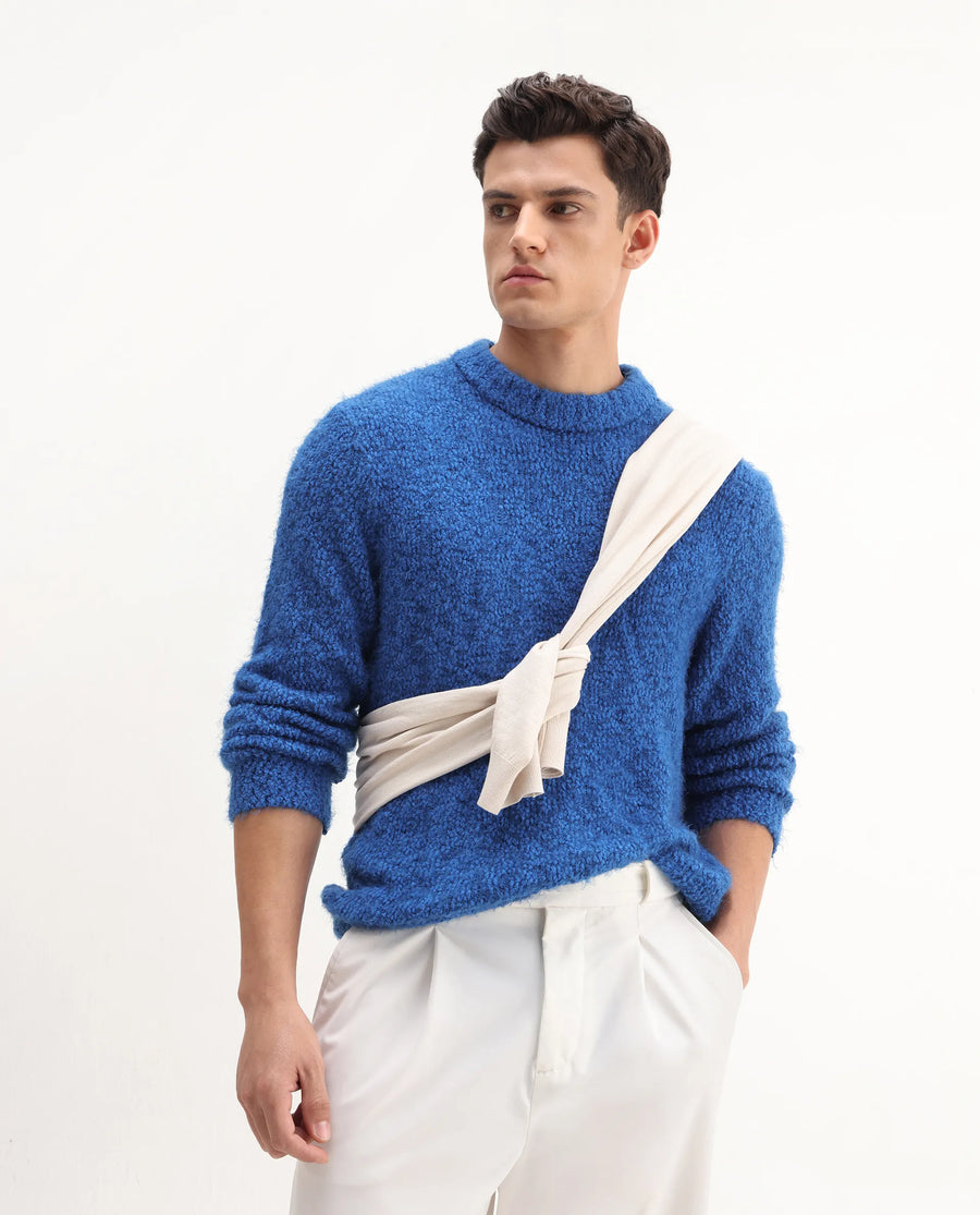 Rare Rabbit Men's Kept Blue Polyester Plain Regular Fit Full Sleeve Crew Neck Sweater