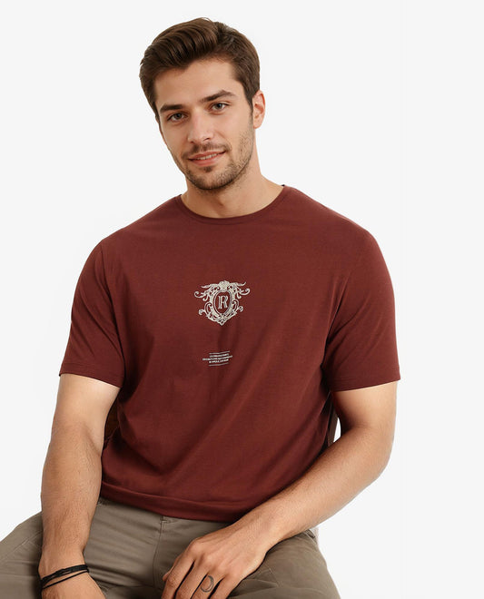 Rare Rabbit Men's Ker Brown Cotton Blend Graphic Print Regular Fit Half Sleeve Crew Neck T-Shirt