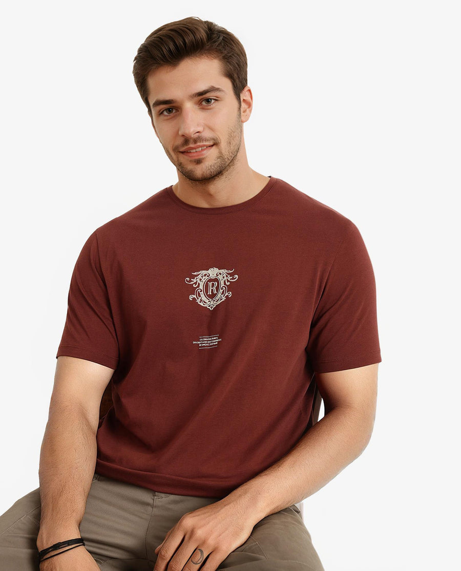 Rare Rabbit Men's Ker Brown Cotton Blend Graphic Print Regular Fit Half Sleeve Crew Neck T-Shirt