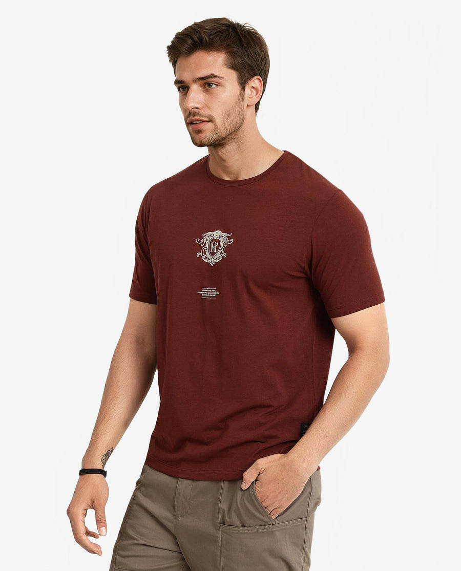 Rare Rabbit Men's Ker Brown Cotton Blend Graphic Print Regular Fit Half Sleeve Crew Neck T-Shirt