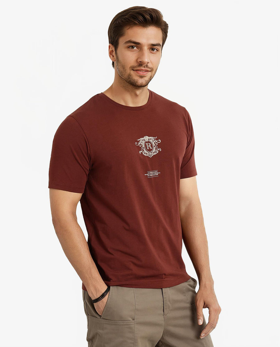 Rare Rabbit Men's Ker Brown Cotton Blend Graphic Print Regular Fit Half Sleeve Crew Neck T-Shirt