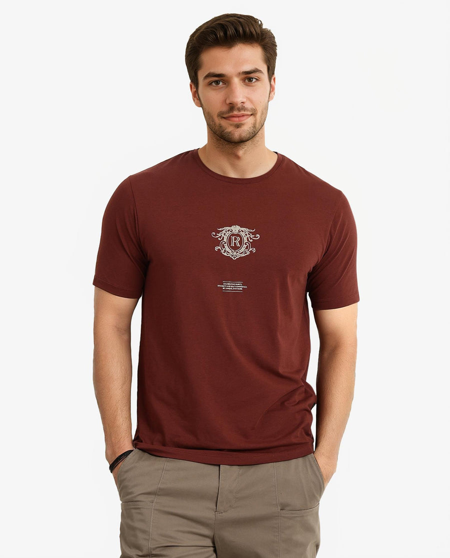 Rare Rabbit Men's Ker Brown Cotton Blend Graphic Print Regular Fit Half Sleeve Crew Neck T-Shirt