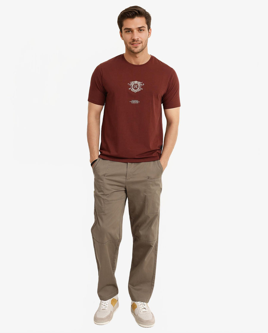 Rare Rabbit Men's Ker Brown Cotton Blend Graphic Print Regular Fit Half Sleeve Crew Neck T-Shirt