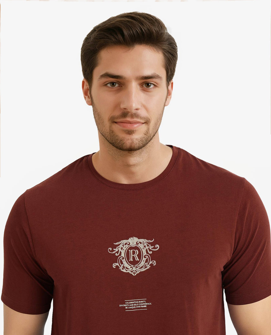 Rare Rabbit Men's Ker Brown Cotton Blend Graphic Print Regular Fit Half Sleeve Crew Neck T-Shirt