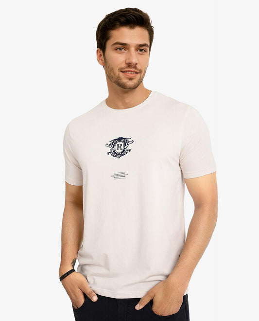 Rare Rabbit Men's Ker Light Pink Cotton Blend Graphic Print Regular Fit Half Sleeve Crew Neck T-Shirt