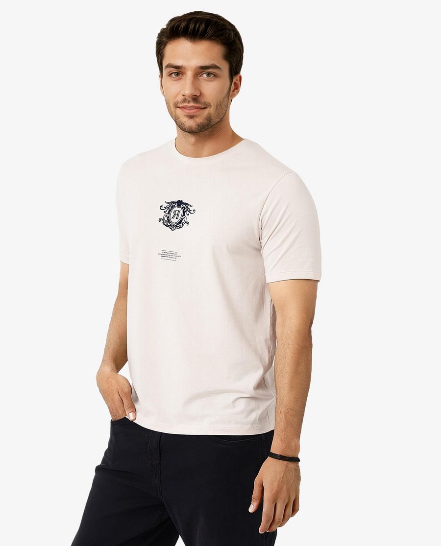 Rare Rabbit Men's Ker Light Pink Cotton Blend Graphic Print Regular Fit Half Sleeve Crew Neck T-Shirt