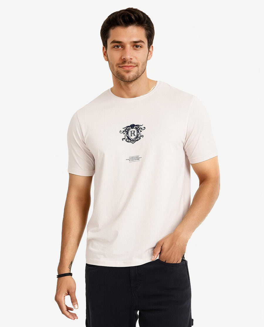 Rare Rabbit Men's Ker Light Pink Cotton Blend Graphic Print Regular Fit Half Sleeve Crew Neck T-Shirt