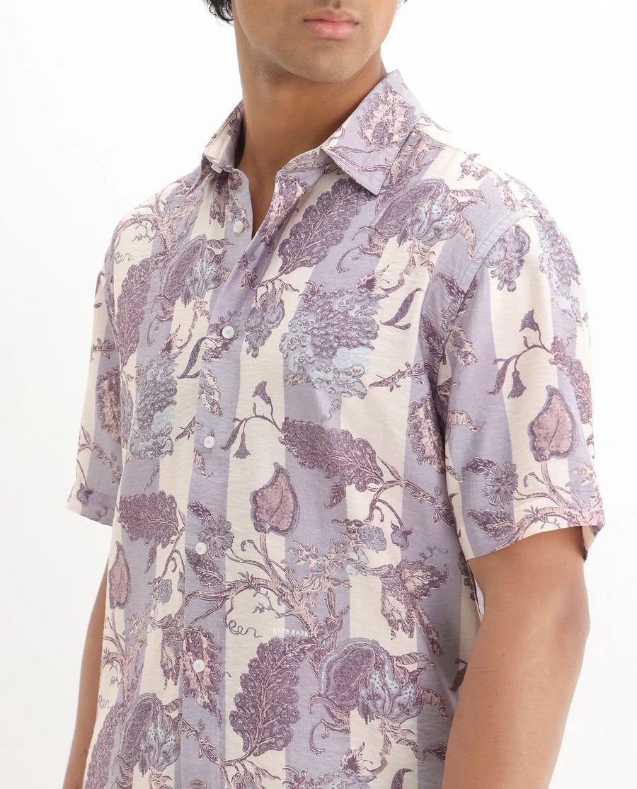Rare Rabbit Men's Kexil Off Whte Viscose Blend Digital Print Relaxed Fit Half Sleeve Collared Shirt