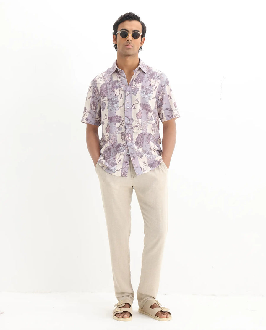 Rare Rabbit Men's Kexil Off Whte Viscose Blend Digital Print Relaxed Fit Half Sleeve Collared Shirt
