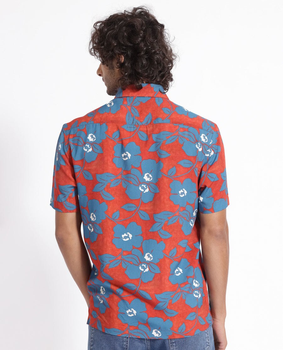Rare Rabbit Men's Kian Dusky Orange Cotton Floral Print Regular Fit Half Sleeve Collared Shirt