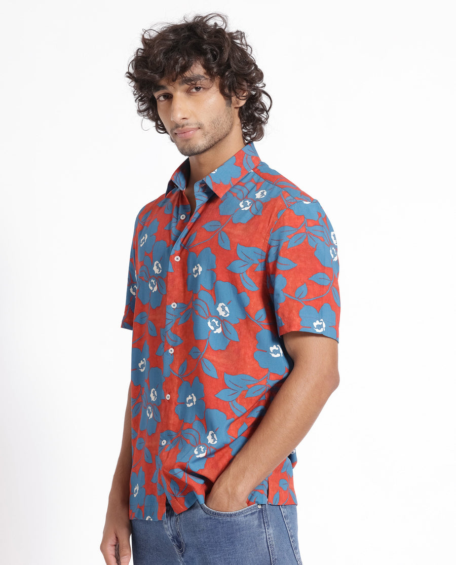 Rare Rabbit Men's Kian Dusky Orange Cotton Floral Print Regular Fit Half Sleeve Collared Shirt