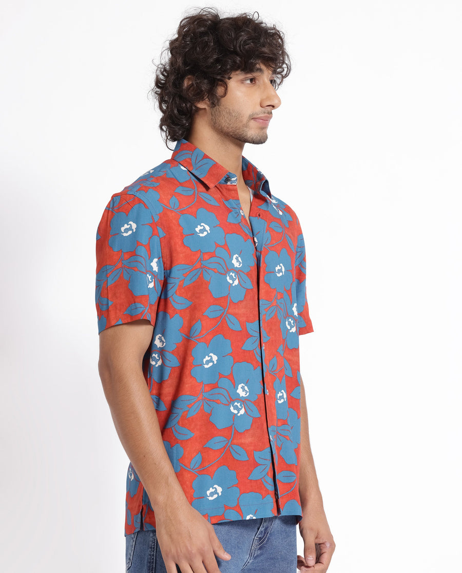 Rare Rabbit Men's Kian Dusky Orange Cotton Floral Print Regular Fit Half Sleeve Collared Shirt