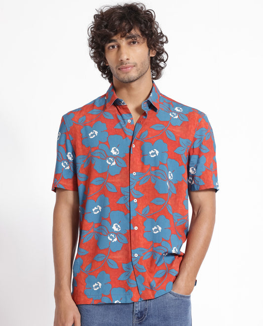 Rare Rabbit Men's Kian Dusky Orange Cotton Floral Print Regular Fit Half Sleeve Collared Shirt