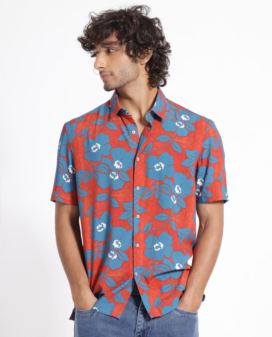 Rare Rabbit Men's Kian Dusky Orange Cotton Floral Print Regular Fit Half Sleeve Collared Shirt