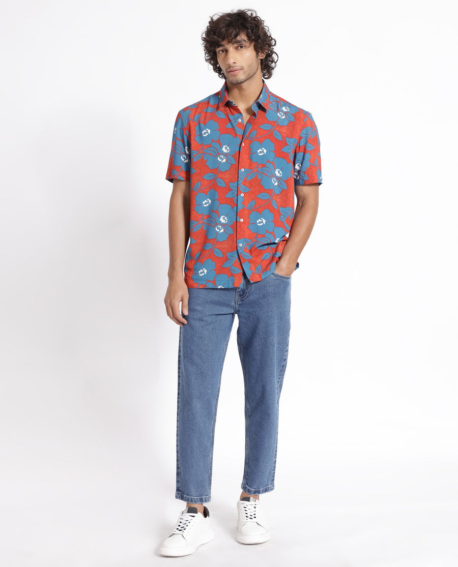 Rare Rabbit Men's Kian Dusky Orange Cotton Floral Print Regular Fit Half Sleeve Collared Shirt
