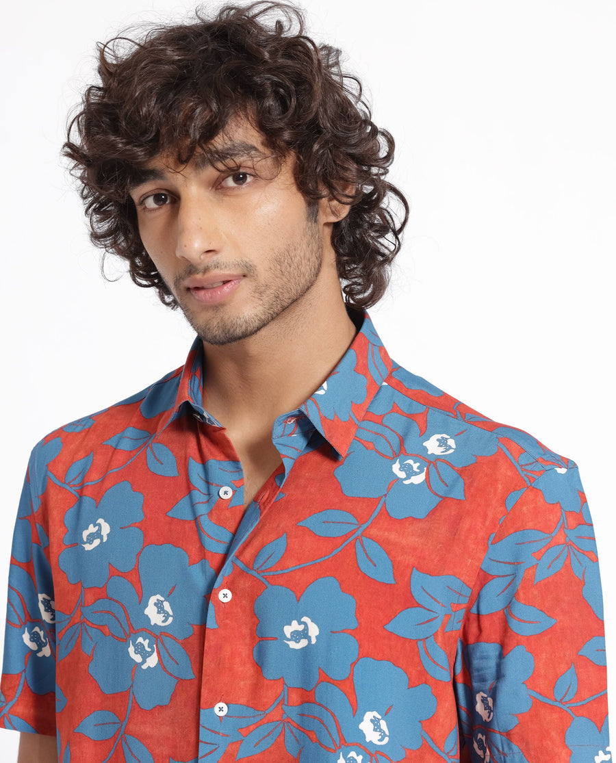 Rare Rabbit Men's Kian Dusky Orange Cotton Floral Print Regular Fit Half Sleeve Collared Shirt