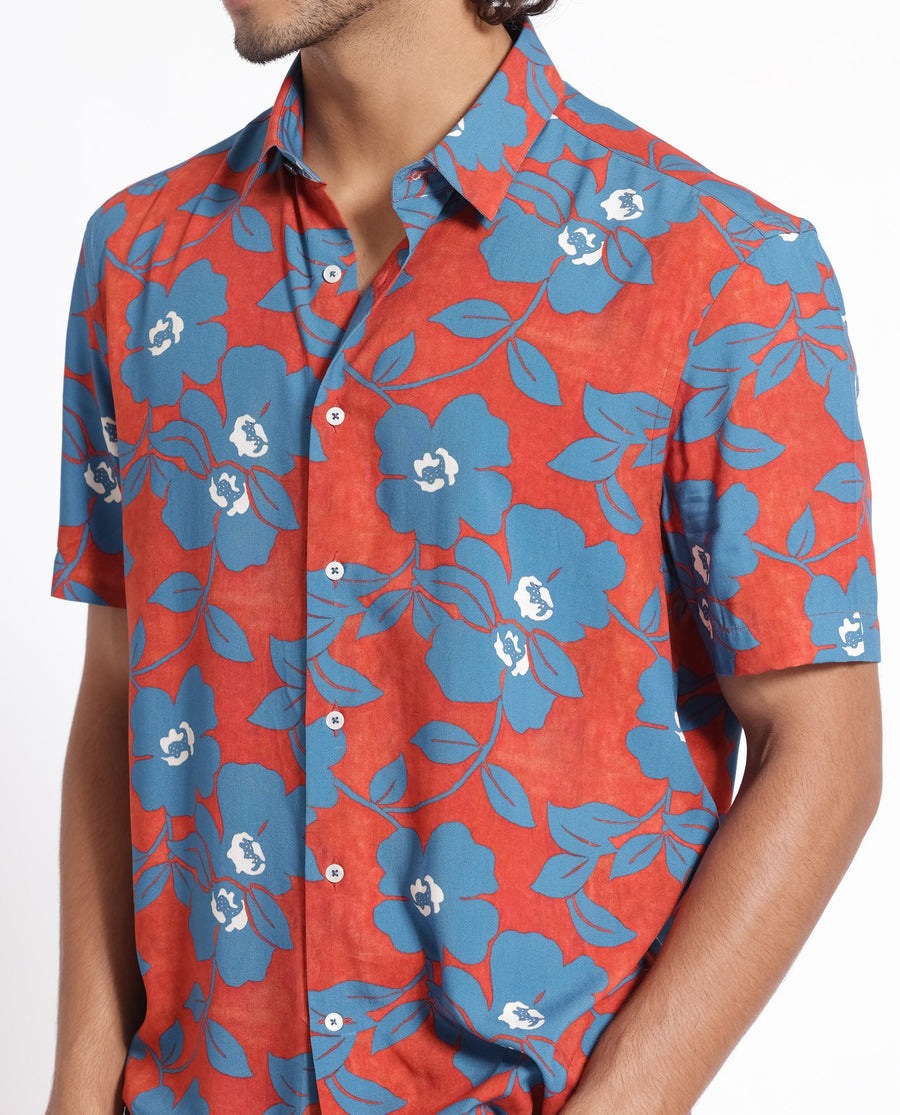 Rare Rabbit Men's Kian Dusky Orange Cotton Floral Print Regular Fit Half Sleeve Collared Shirt
