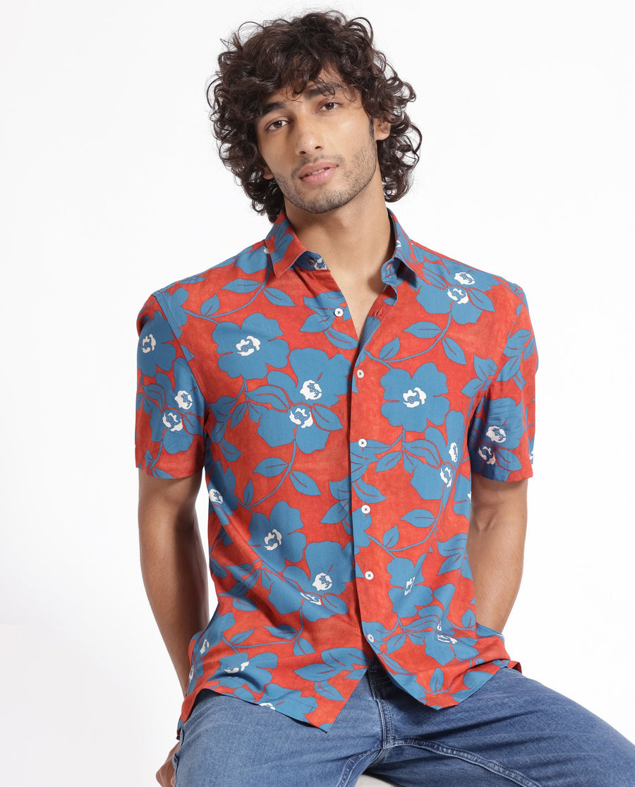 Rare Rabbit Men's Kian Dusky Orange Cotton Floral Print Regular Fit Half Sleeve Collared Shirt