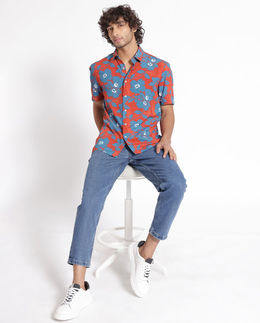 Rare Rabbit Men's Kian Dusky Orange Cotton Floral Print Regular Fit Half Sleeve Collared Shirt