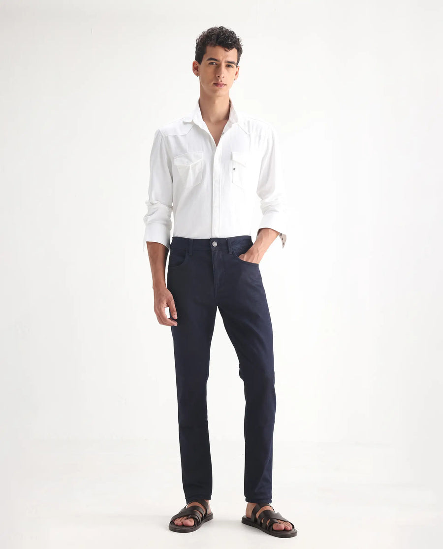 Rare Rabbit Men's Kiel Navy Cotton Plain Morris Regular Fit Jeans