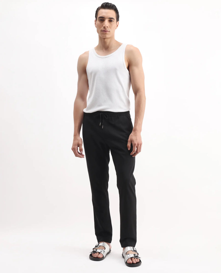 Rare Rabbit Men's Kikos-B Black Polyester Plain Regular Fit Trouser