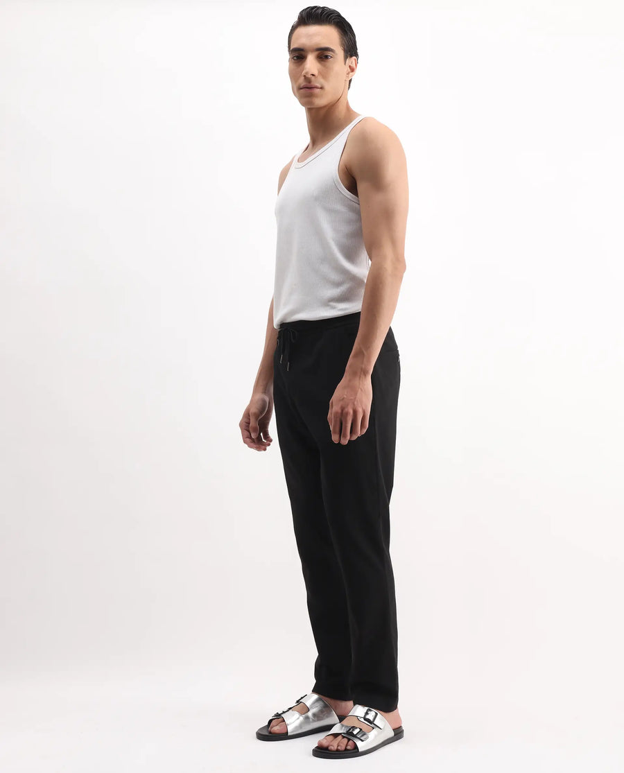 Rare Rabbit Men's Kikos-B Black Polyester Plain Regular Fit Trouser