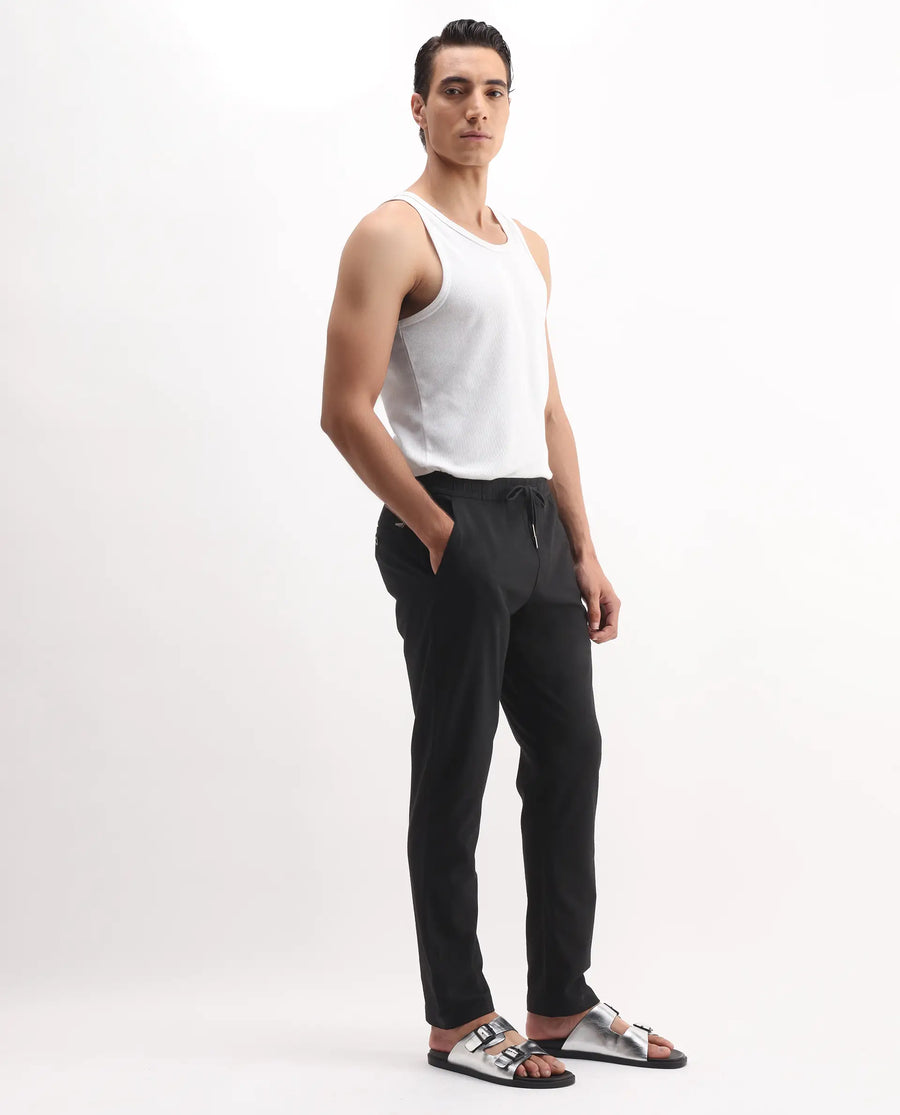 Rare Rabbit Men's Kikos-B Black Polyester Plain Regular Fit Trouser