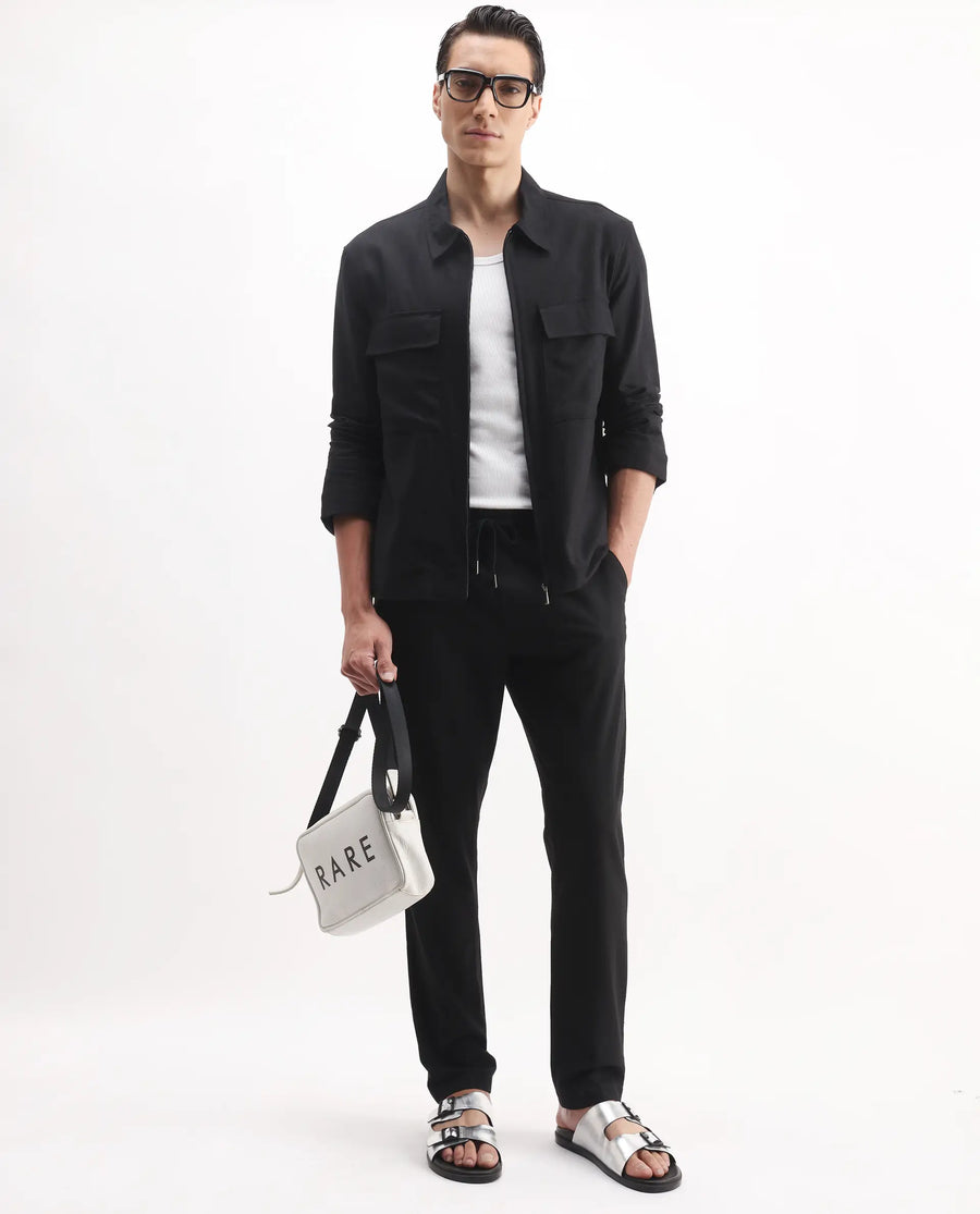 Rare Rabbit Men's Kikos-B Black Polyester Plain Regular Fit Trouser