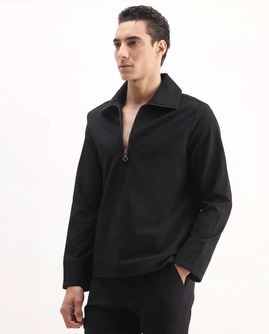 Rare Rabbit Men's Kikos-T Black Polyester Blend Plain Relaxed Fit Full Sleeve Collared Shaket