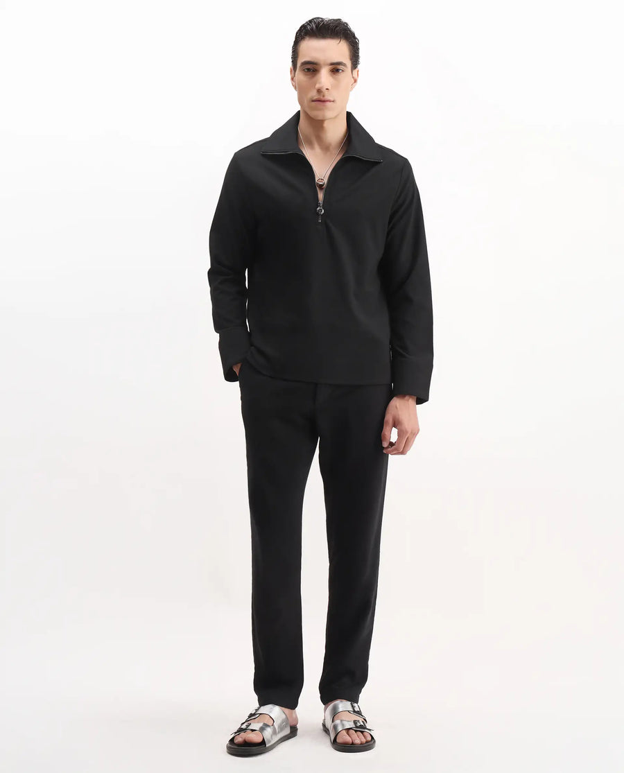 Rare Rabbit Men's Kikos-T Black Polyester Blend Plain Relaxed Fit Full Sleeve Collared Shaket