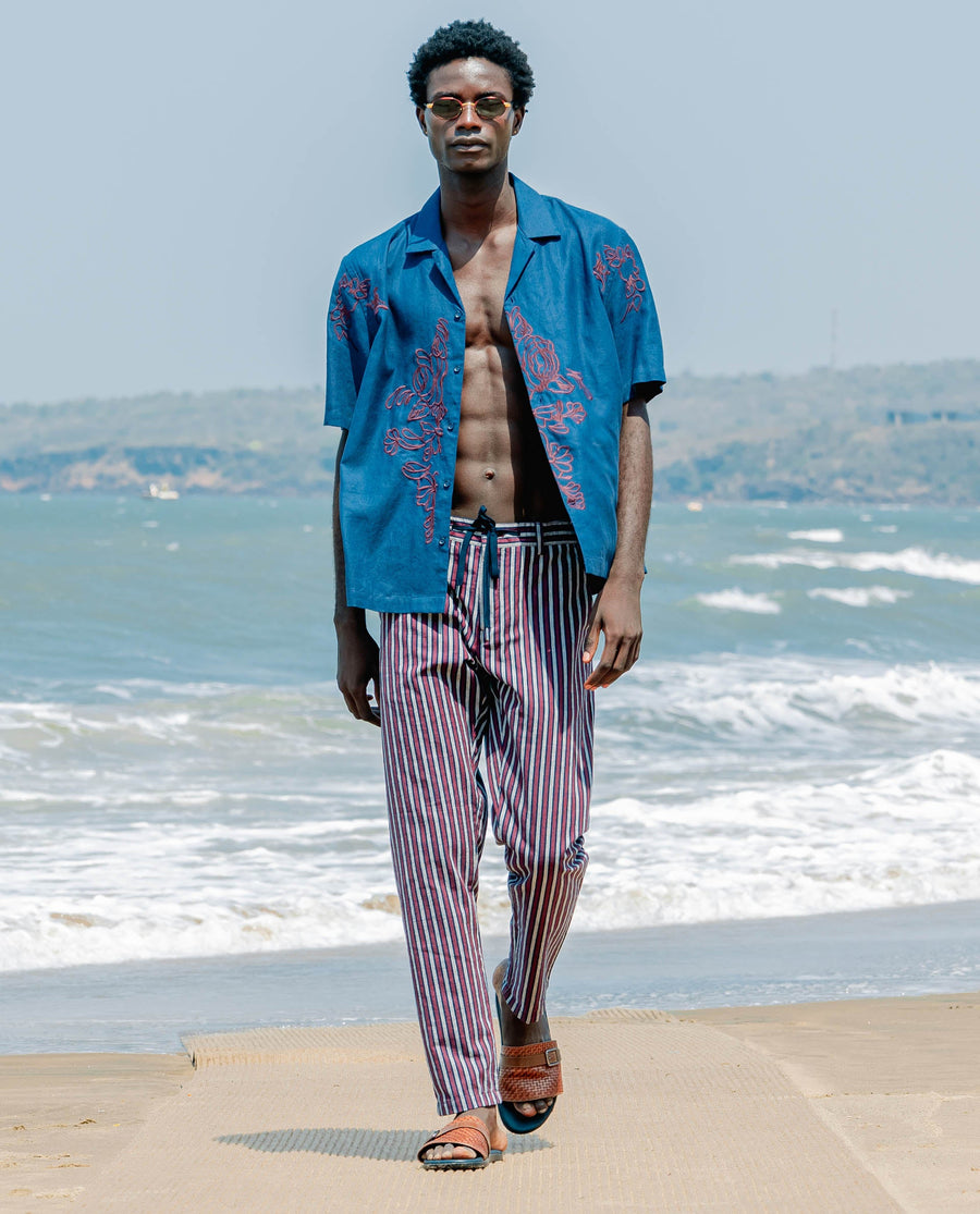 Rare Rabbit Men's Kimo Maroon Linen Blend Striped Print Regular Fit Trouser