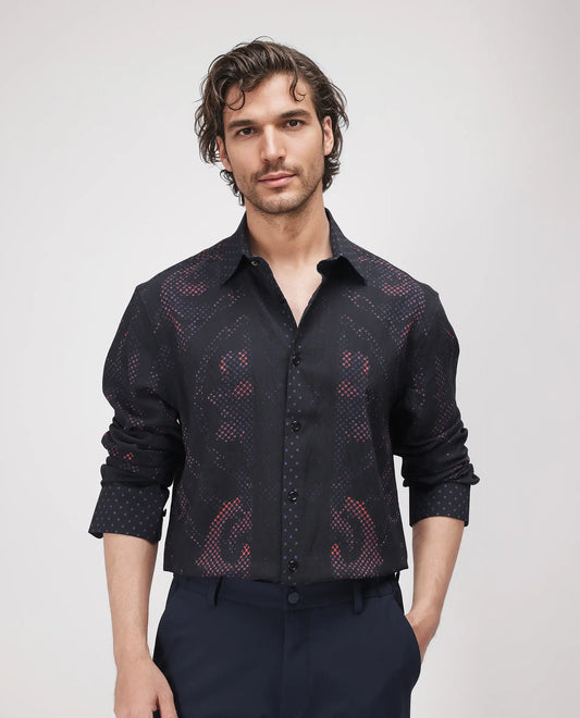 Rare Rabbit Men's Kini Black Viscose Blend Decorative Print Relaxed Fit Full Sleeve Collared Shirt
