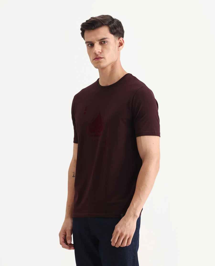 Rare Rabbit Men's Kios Dark Brown Cotton Blend Graphic Print Regular Fit Half Sleeve Crew Neck T-Shirt