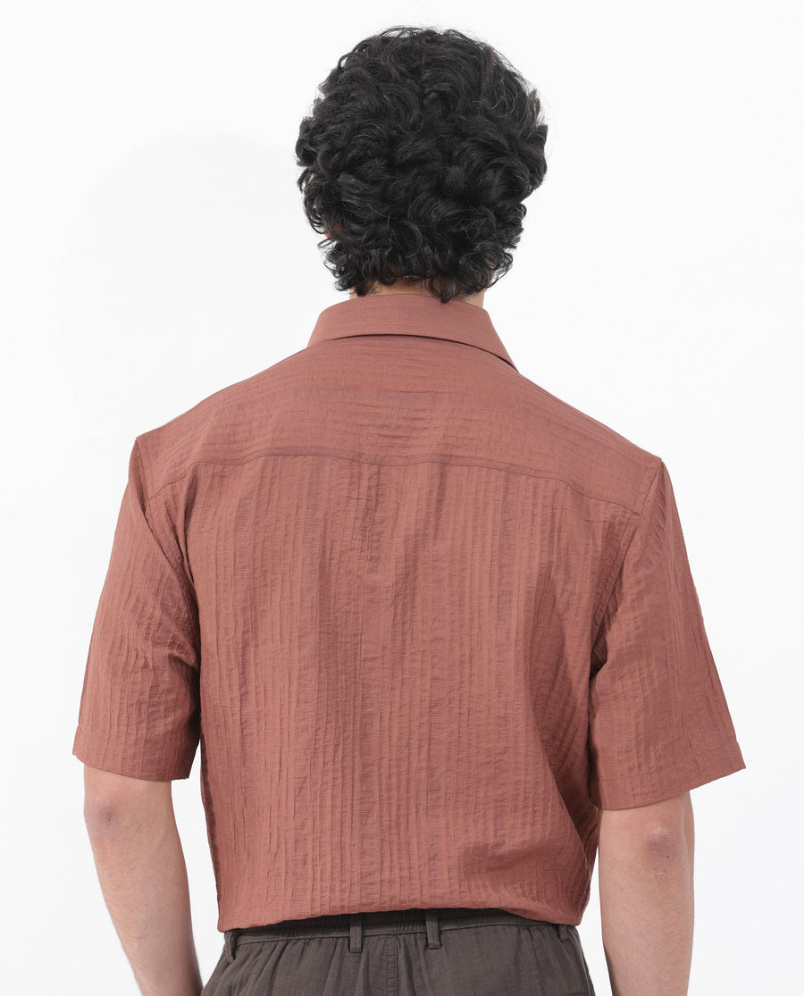 Rare Rabbit Men's Kith Dusky Rust Viscose Striped Print Boxy Fit Half Sleeve Collared Shirt