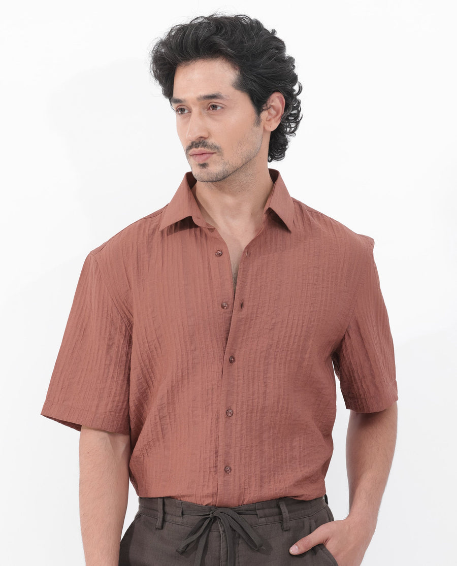 Rare Rabbit Men's Kith Dusky Rust Viscose Striped Print Boxy Fit Half Sleeve Collared Shirt