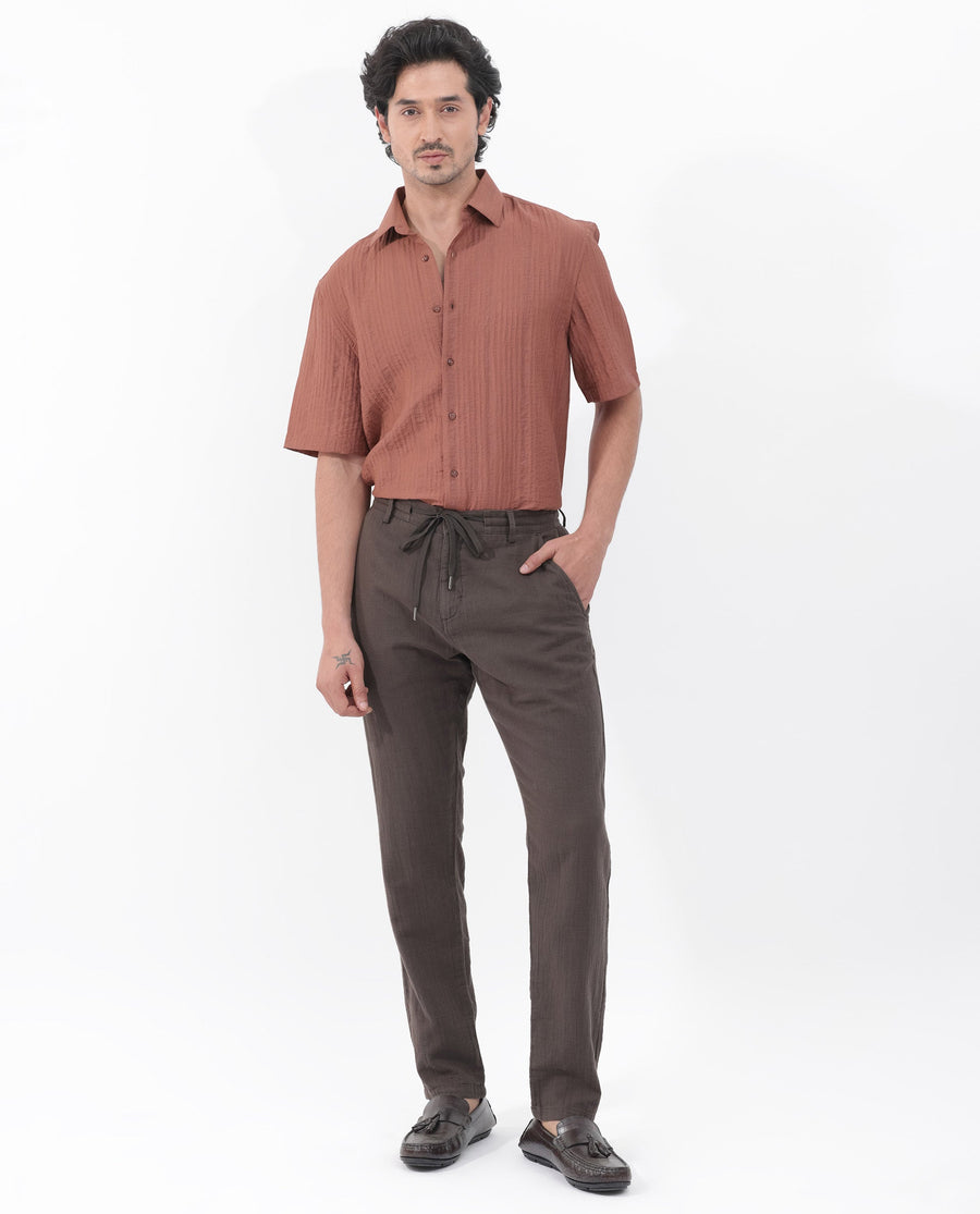 Rare Rabbit Men's Kith Dusky Rust Viscose Striped Print Boxy Fit Half Sleeve Collared Shirt