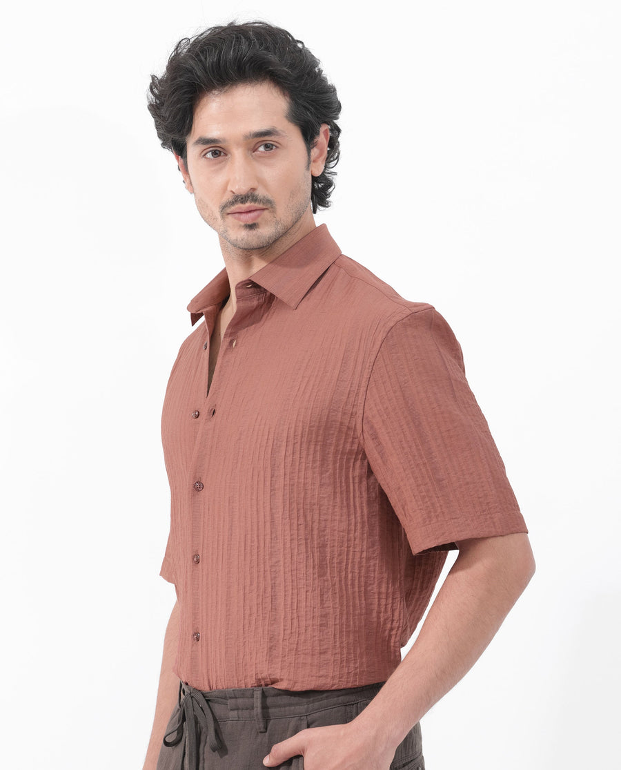 Rare Rabbit Men's Kith Dusky Rust Viscose Striped Print Boxy Fit Half Sleeve Collared Shirt