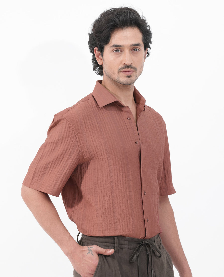 Rare Rabbit Men's Kith Dusky Rust Viscose Striped Print Boxy Fit Half Sleeve Collared Shirt