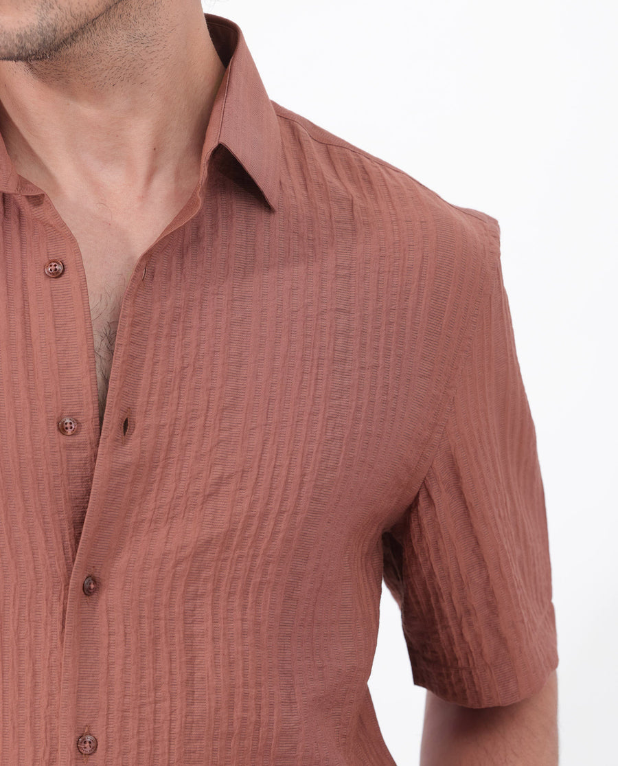 Rare Rabbit Men's Kith Dusky Rust Viscose Striped Print Boxy Fit Half Sleeve Collared Shirt