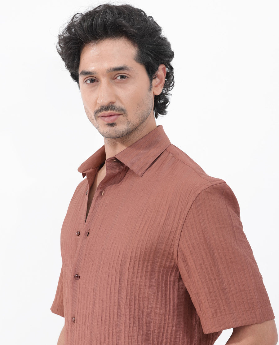 Rare Rabbit Men's Kith Dusky Rust Viscose Striped Print Boxy Fit Half Sleeve Collared Shirt