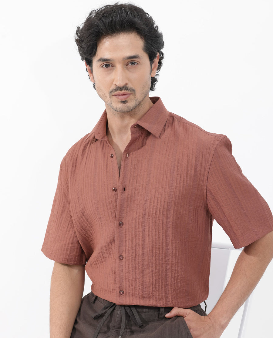 Rare Rabbit Men's Kith Dusky Rust Viscose Striped Print Boxy Fit Half Sleeve Collared Shirt