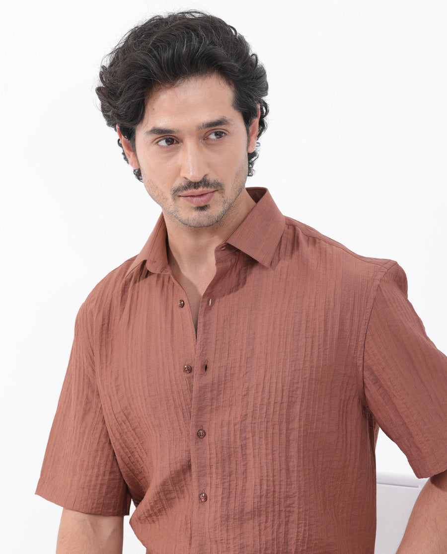 Rare Rabbit Men's Kith Dusky Rust Viscose Striped Print Boxy Fit Half Sleeve Collared Shirt